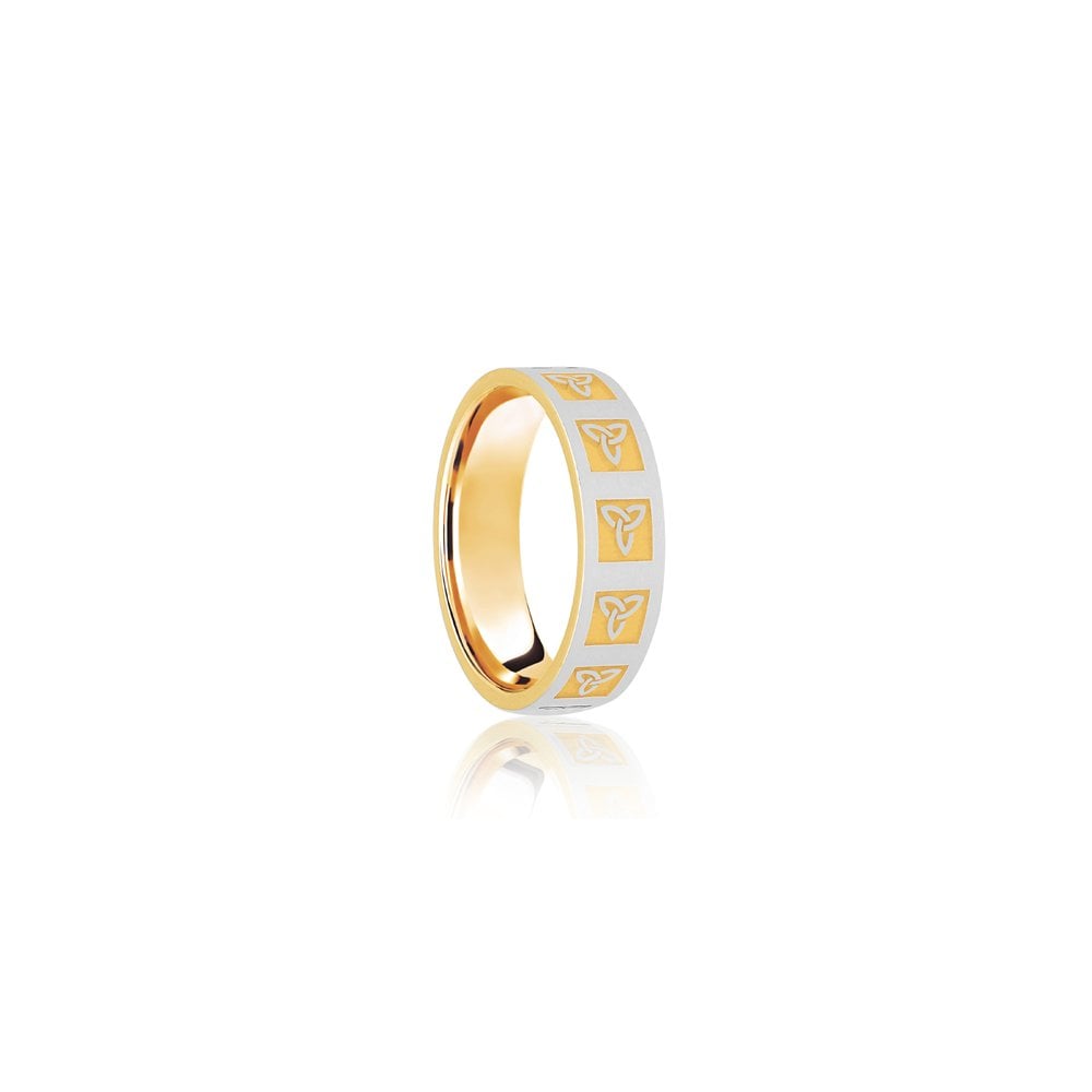18ct Yellow & White Flat Court 8mm Celtic Laser Engraved Wedding Band