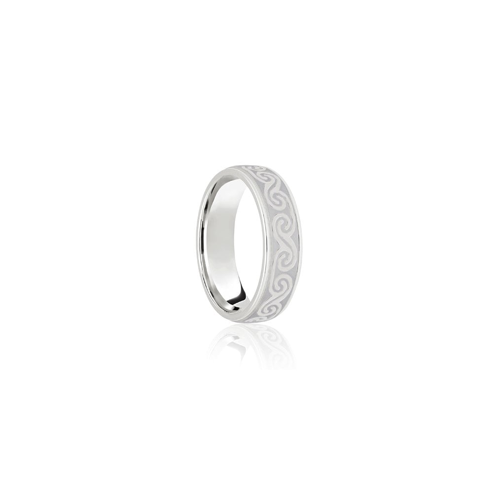Platinum Flat Court 5mm Celtic Laser Engraved Wedding Band