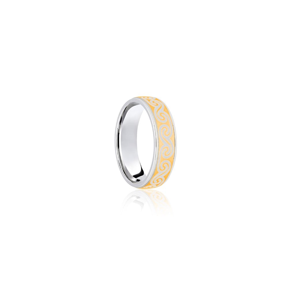 18ct White & Yellow Flat Court 5mm Celtic Laser Engraved Wedding Band