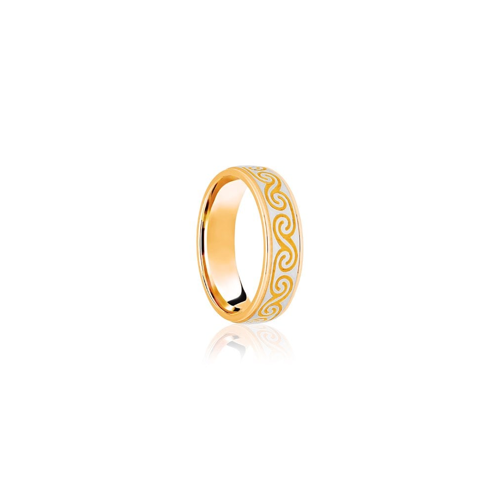 18ct Yellow & White Flat Court 7mm Celtic Laser Engraved Wedding Band