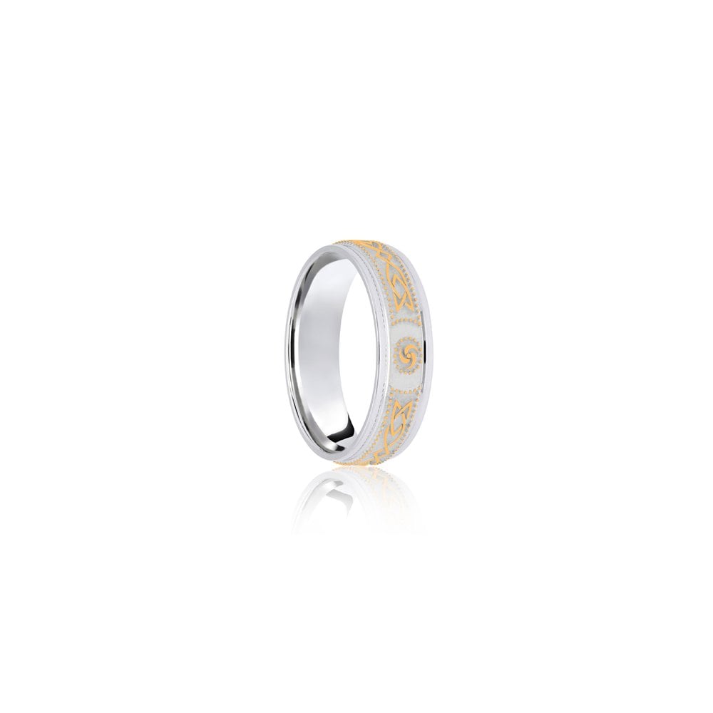 18ct White & Yellow Flat Court 8mm Celtic Laser Engraved Wedding Band