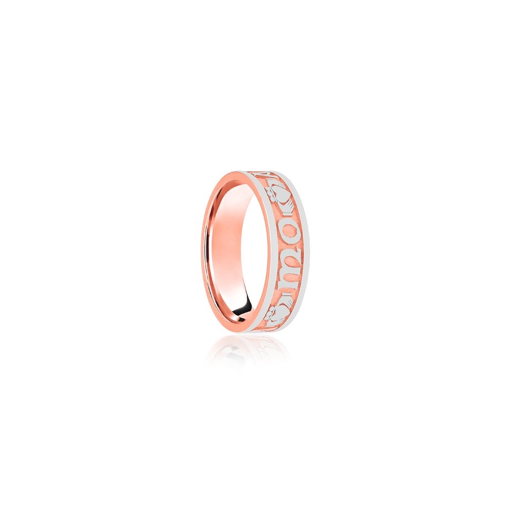 18ct Rose & White Flat Court 8mm Celtic Laser Engraved Wedding Band