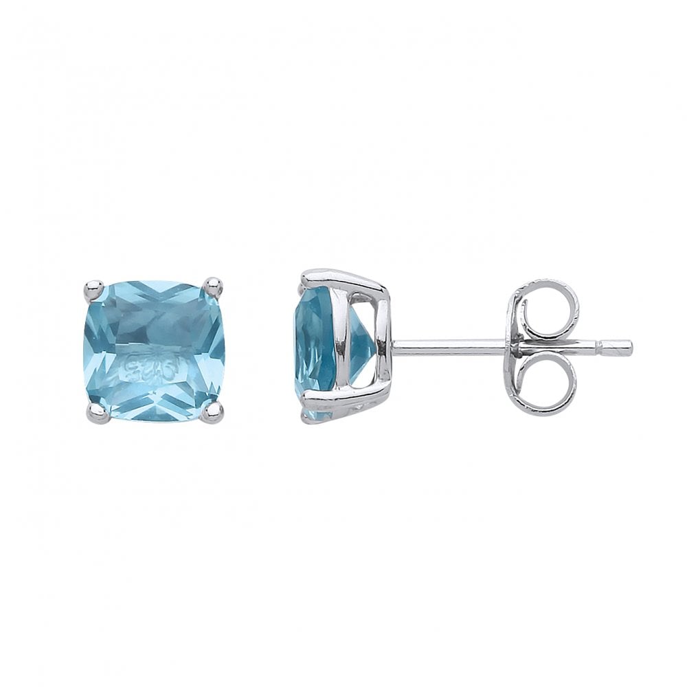 925 Sterling Silver Aqua 6MM CZ Cushion Cut Stud Earrings