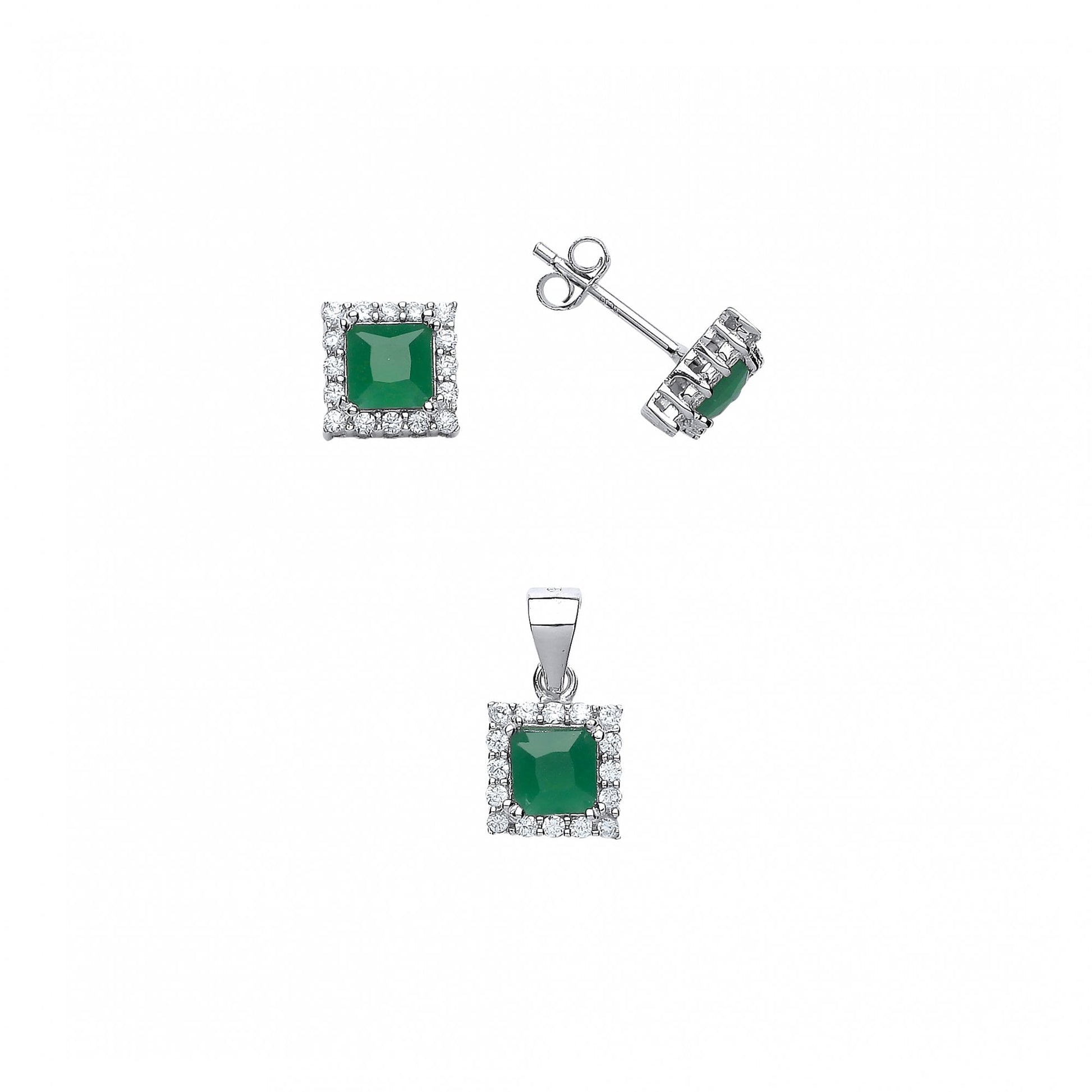 925 Sterling Silver CZ & Emerald Square Earring & Pendant Set