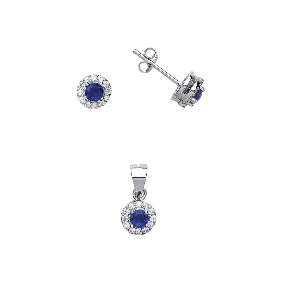 925 Sterling Silver CZ & Sapphire Round Earring Stud & Pendant Set