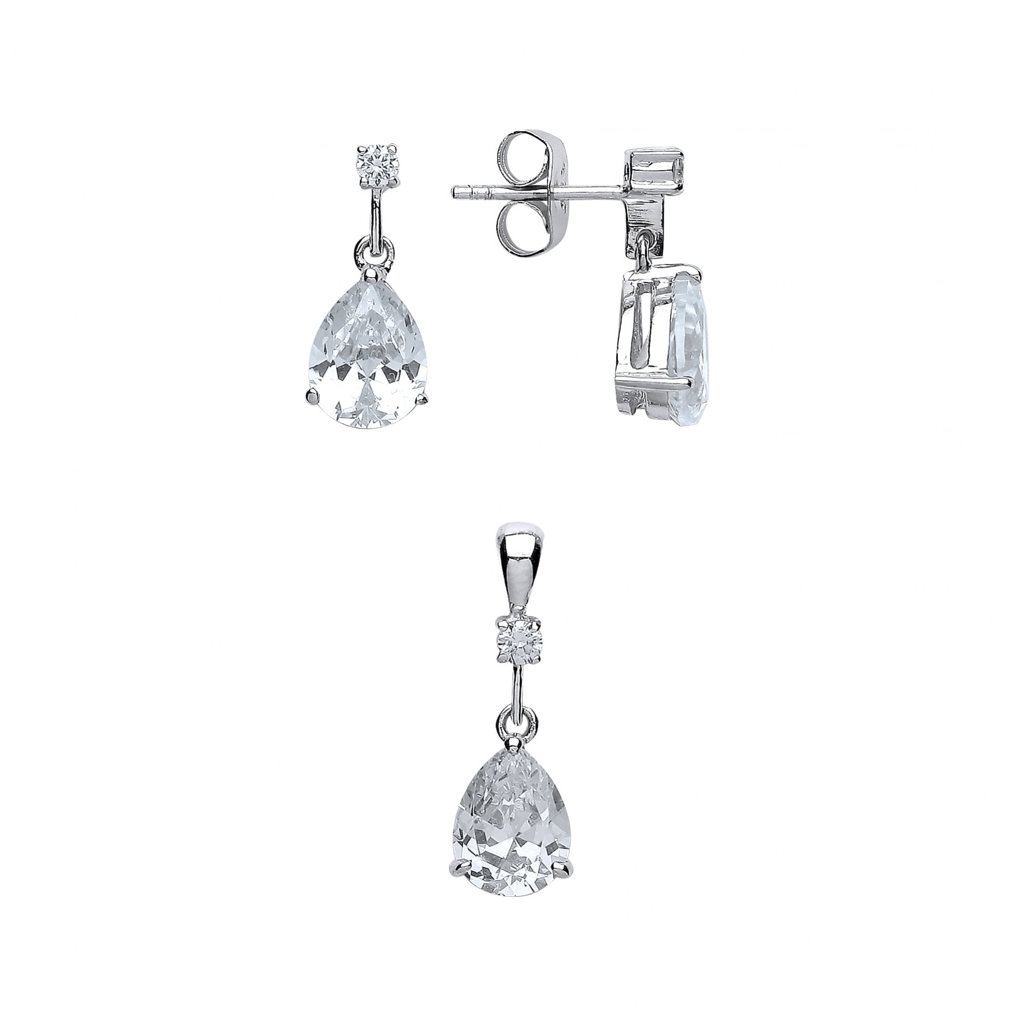 925 Sterling Silver CZ Pear Drop Fancy Earring & Pendant Set