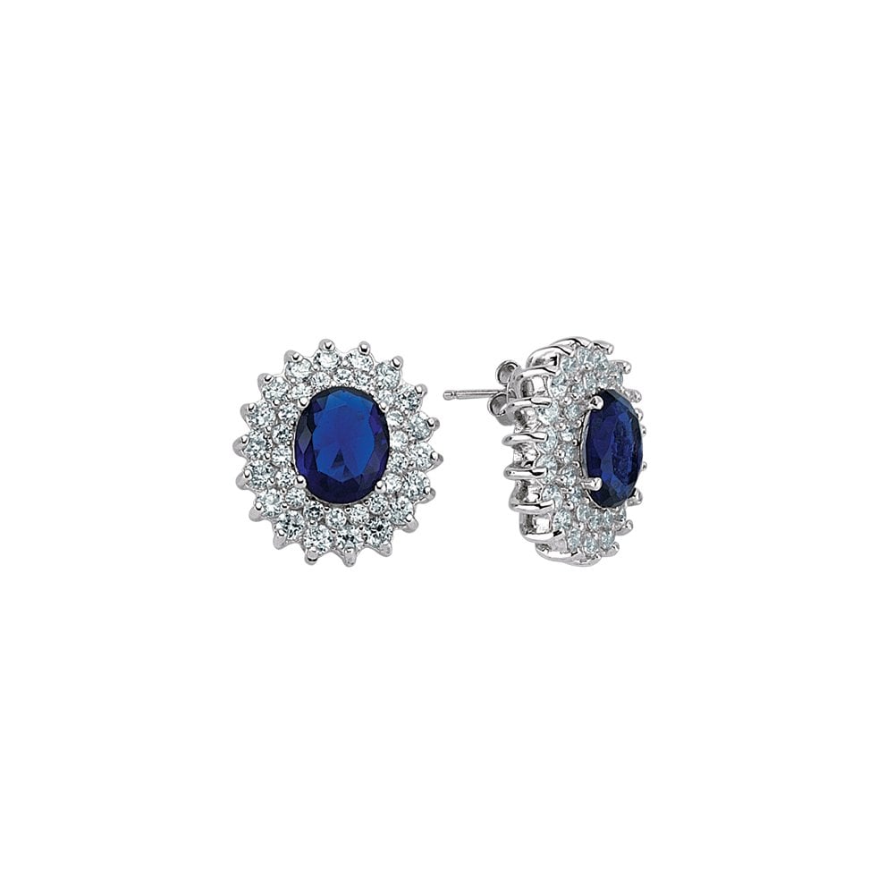925 Sterling Silver CZ White Claw Set Studs With A Sapphire Stone Centre