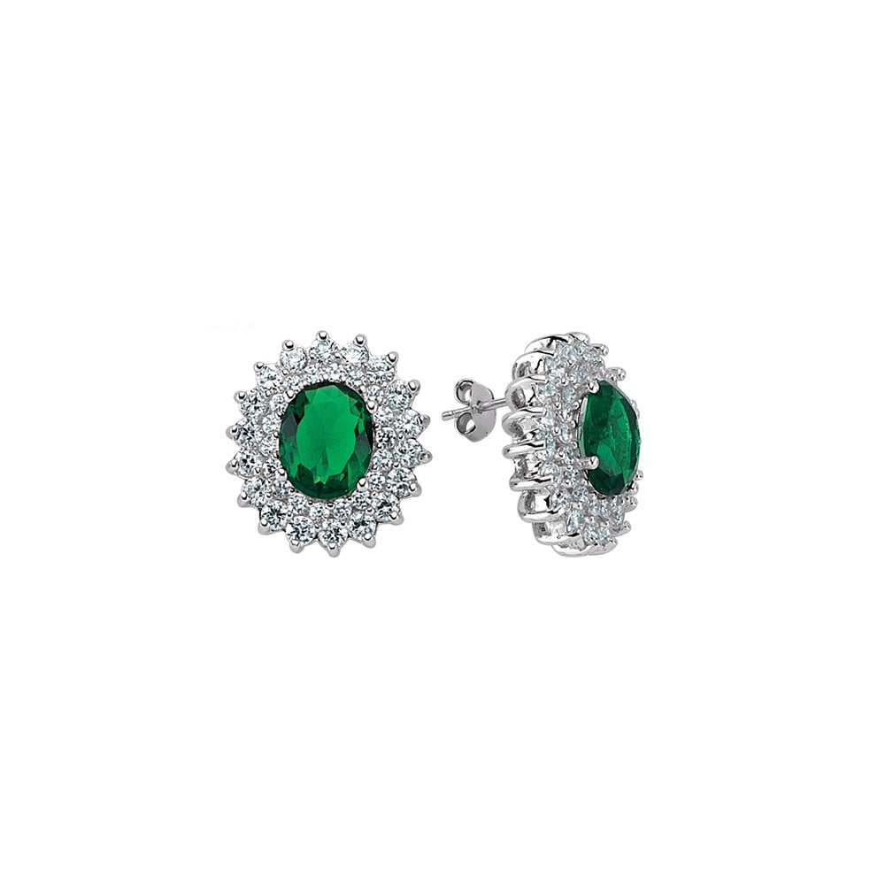 925 Sterling Silver CZ White Claw Set Studs With A Emerald Stone Centre