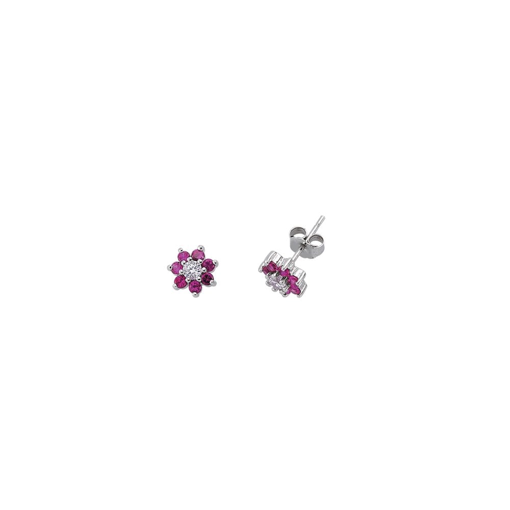 925 Sterling Silver CZ Ruby & White Cluster Studs