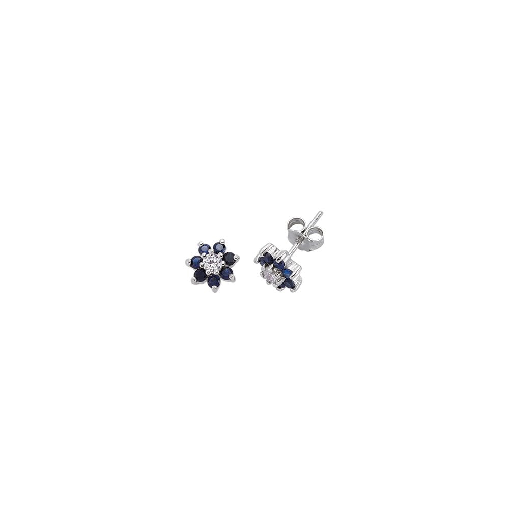 925 Sterling Silver CZ White Centre and Sapphire Cluster Studs