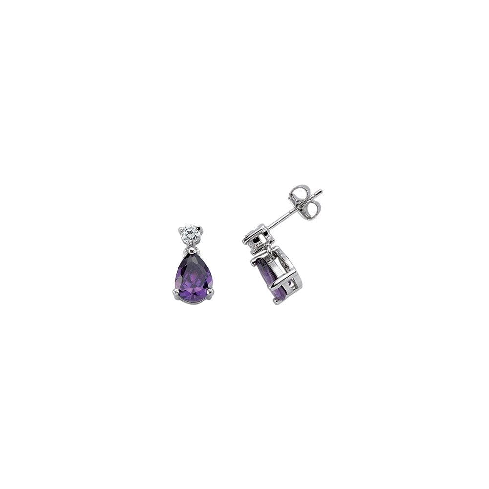 925 Sterling Silver CZ Amethyst Pear Drop Earrings
