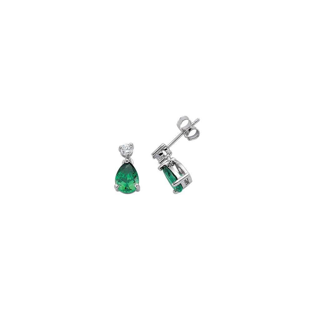 925 Sterling Silver CZ Emerald Pear Drop Earrings