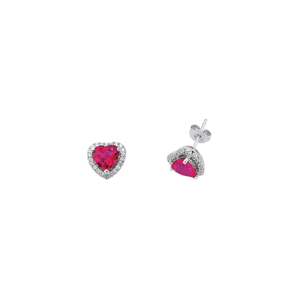 Silver Cubic Zirconia Ruby Heart Stud Earrings