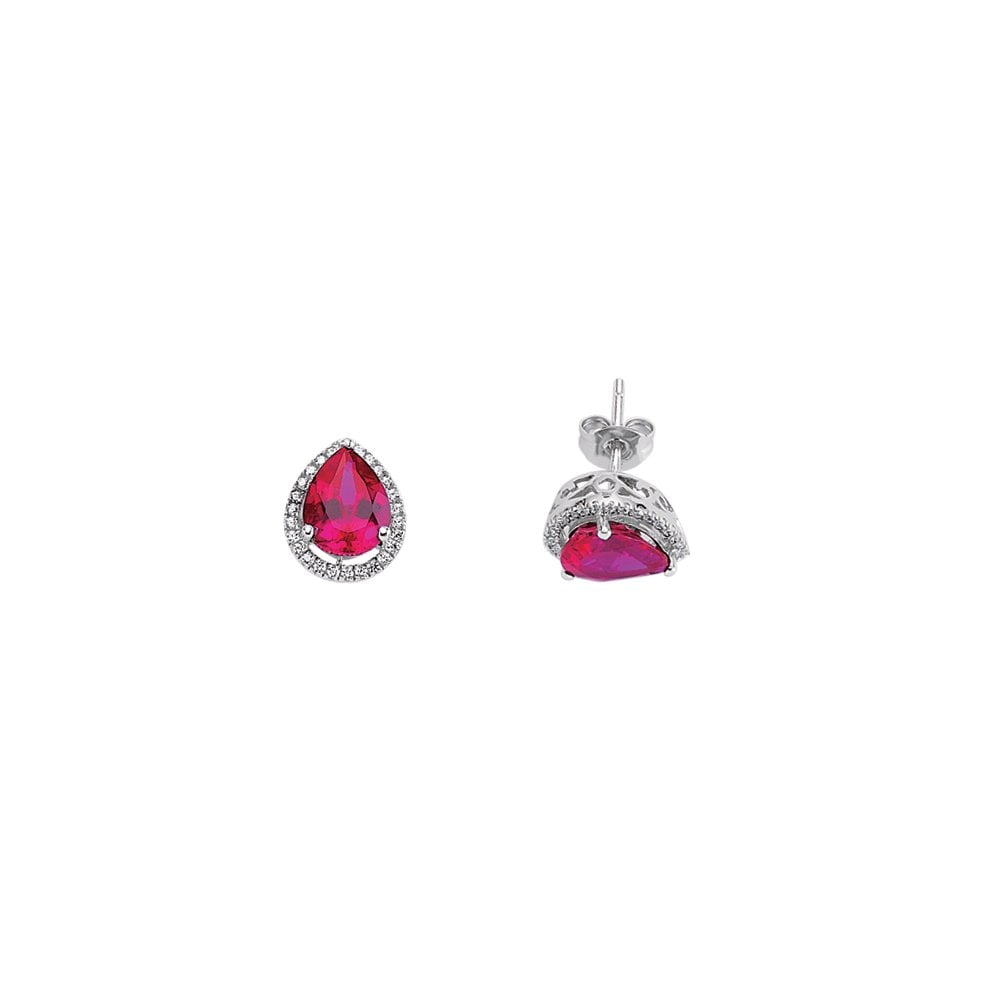 925 Sterling Silver Cubic Zirconia Ruby Pear Drop Stud Earrings
