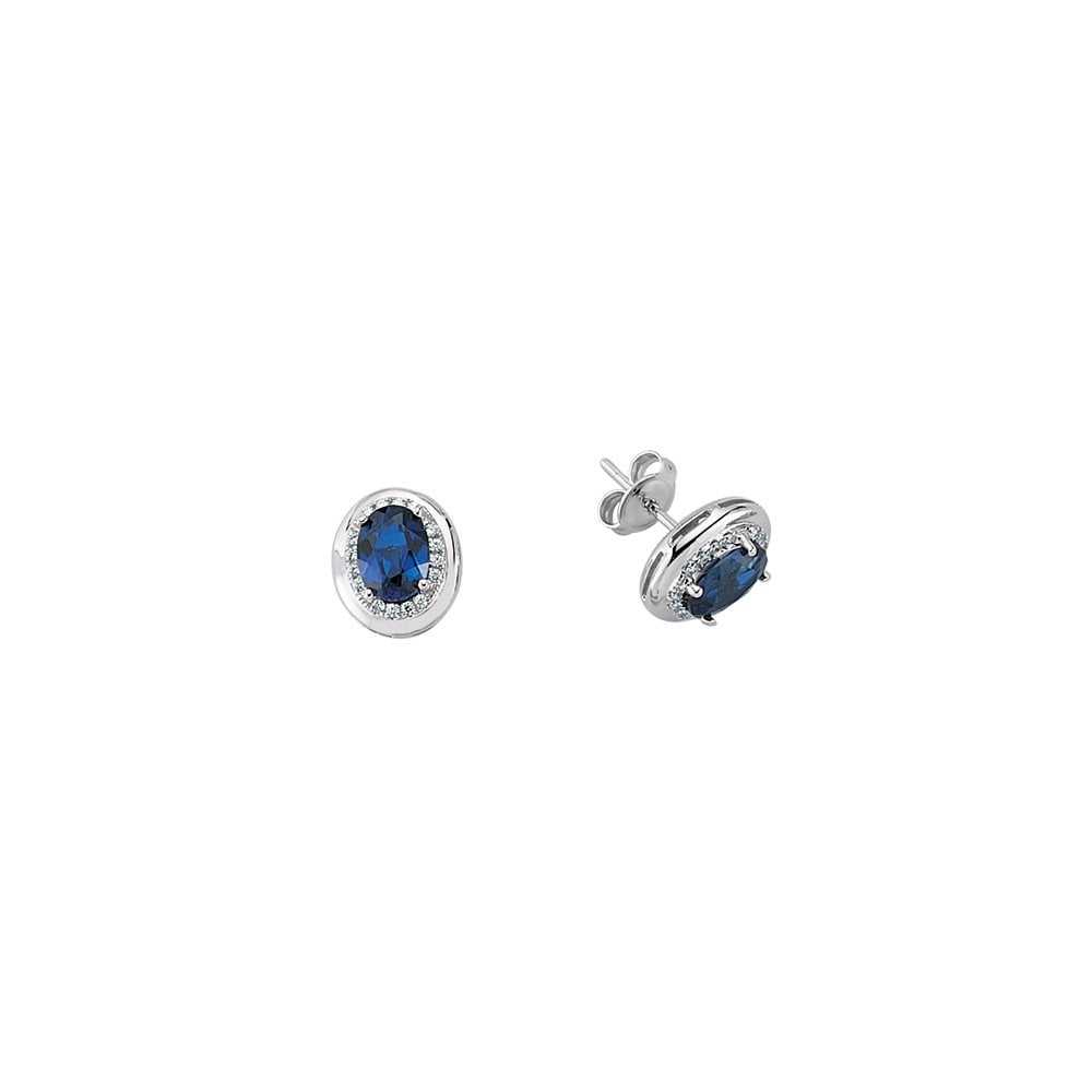 925 Sterling Silver CZ Oval Sapphire Studs With CZ & Polished Surrounding