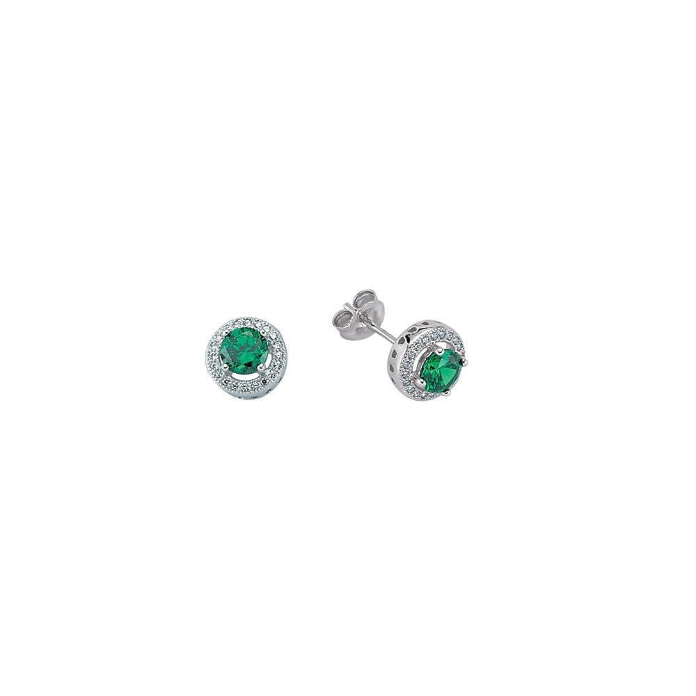 925 Sterling Silver CZ Round Emerald Studs With Micropavé Surroundings