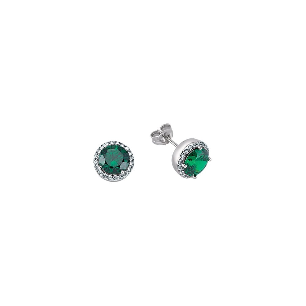 925 Sterling Silver CZ Round Emerald Earrings With Micropavé Surroundings