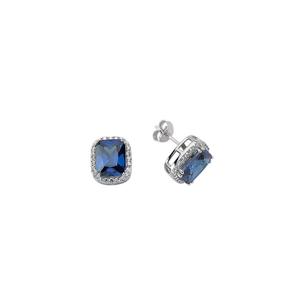 925 Sterling Silver Cubic Zirconia Tanzanite Emerald Cut Halo Earrings