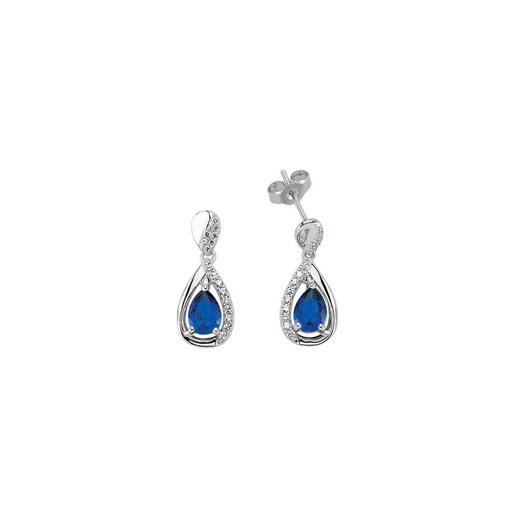 925 Sterling Silver CZ Tear Drop Earrings With Sapphire Stone Centre