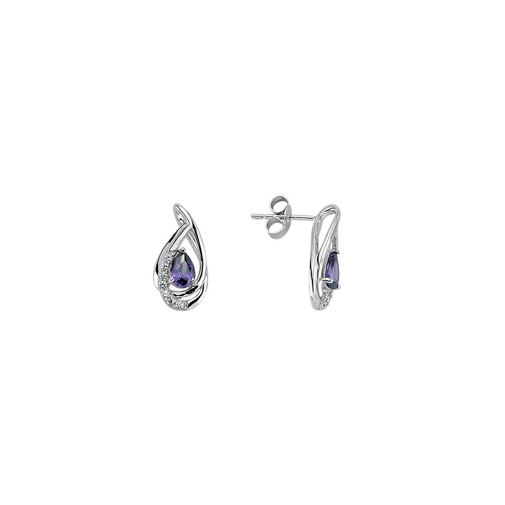 925 Sterling Silver Cubic Zirconia & Amethyst Tear Drop Stud Earrings
