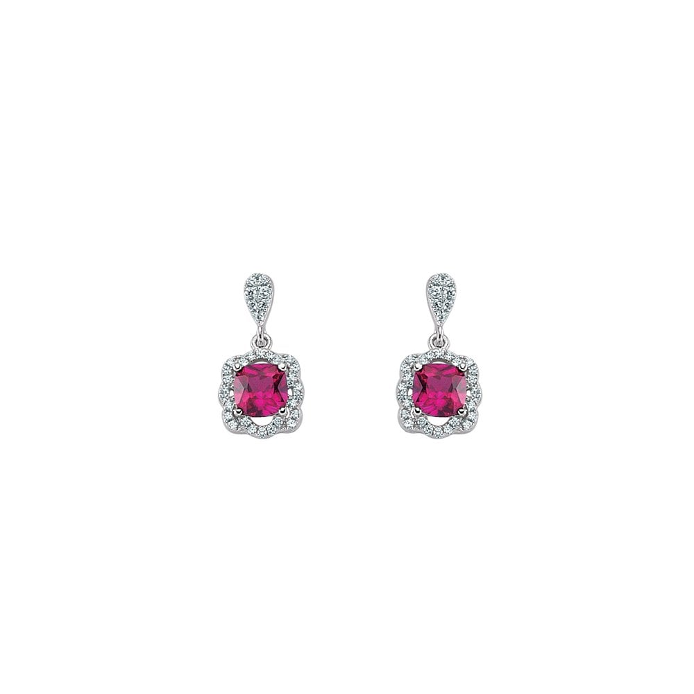 925 Sterling Silver CZ Ruby and Micropavé Cushion Cut Drop Earrings