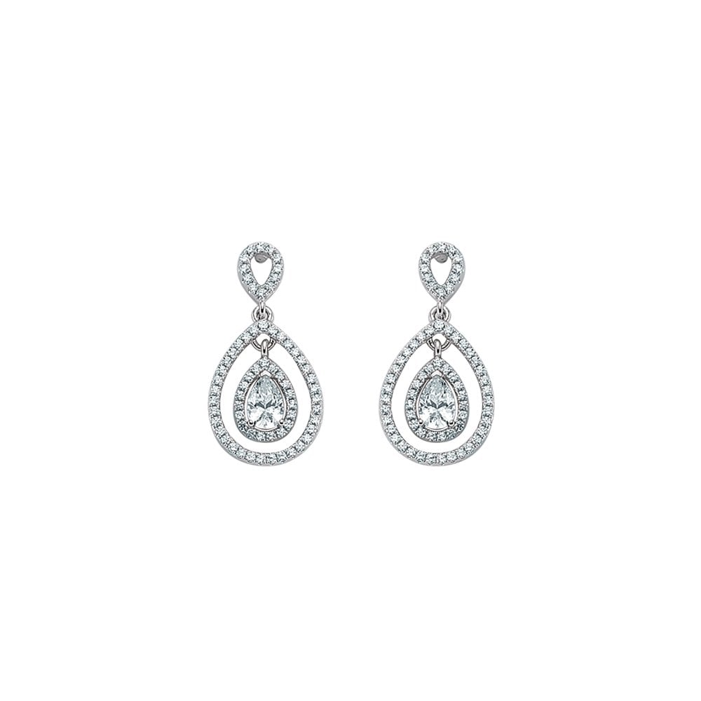 925 Sterling Silver Cubic Zirconia Pear Shape Double Halo Dangle Earrings