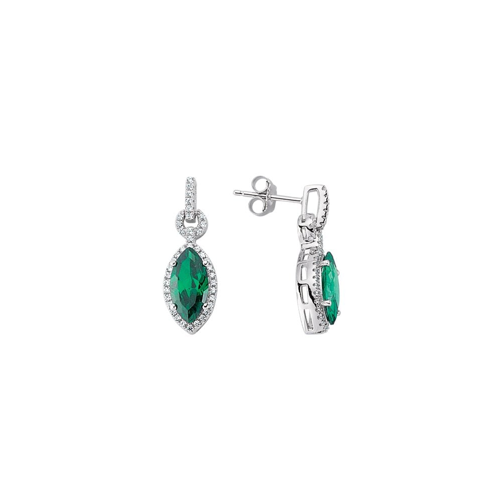 925 Sterling Silver Cubic Zirconia & Emerald Marquise Shape Drop Earrings