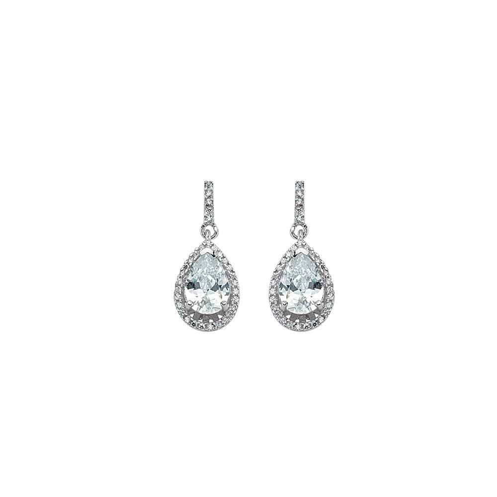 925 Sterling Silver CZ Micro Pave Border Pear Shape Drop Earrings