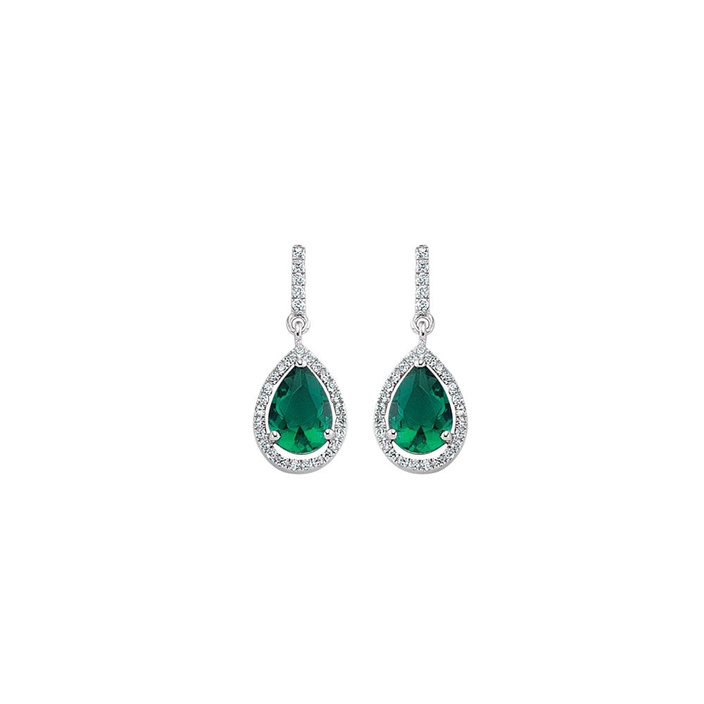 925 Sterling Silver CZ Emerald MicroPave Border Pear Shape Drop Earrings