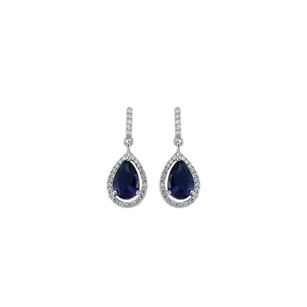 925 Sterling Silver CZ Sapphire MicroPave Border Pear Shape Drop Earrings