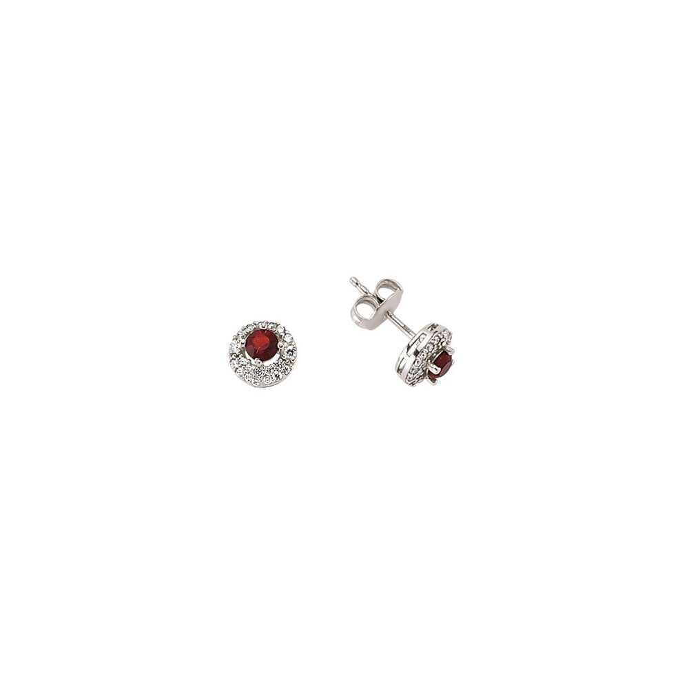 925 Sterling Silver Cubic Zirconia & Ruby Round Halo Micro Pave Earrings