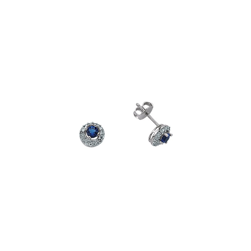 925 Sterling Silver CZ & Sapphire Round Halo Micro Pave Earrings