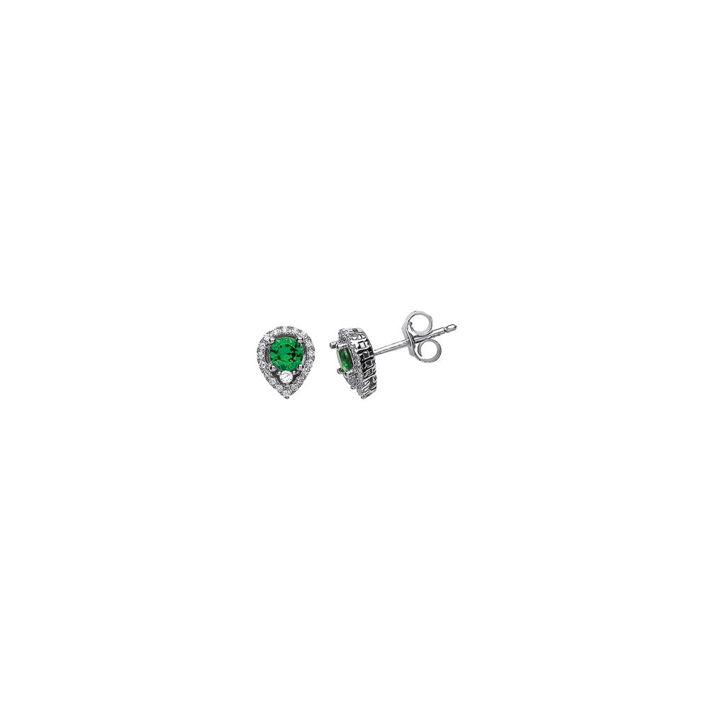 925 Sterling Silver CZ & Emerald Tear Drop Cluster Stud Earrings
