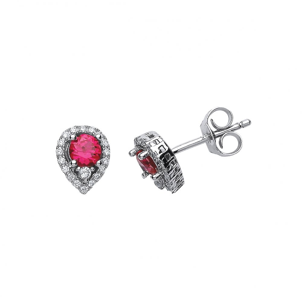 925 Sterling Silver CZ & Ruby Tear Drop Cluster Stud Earrings