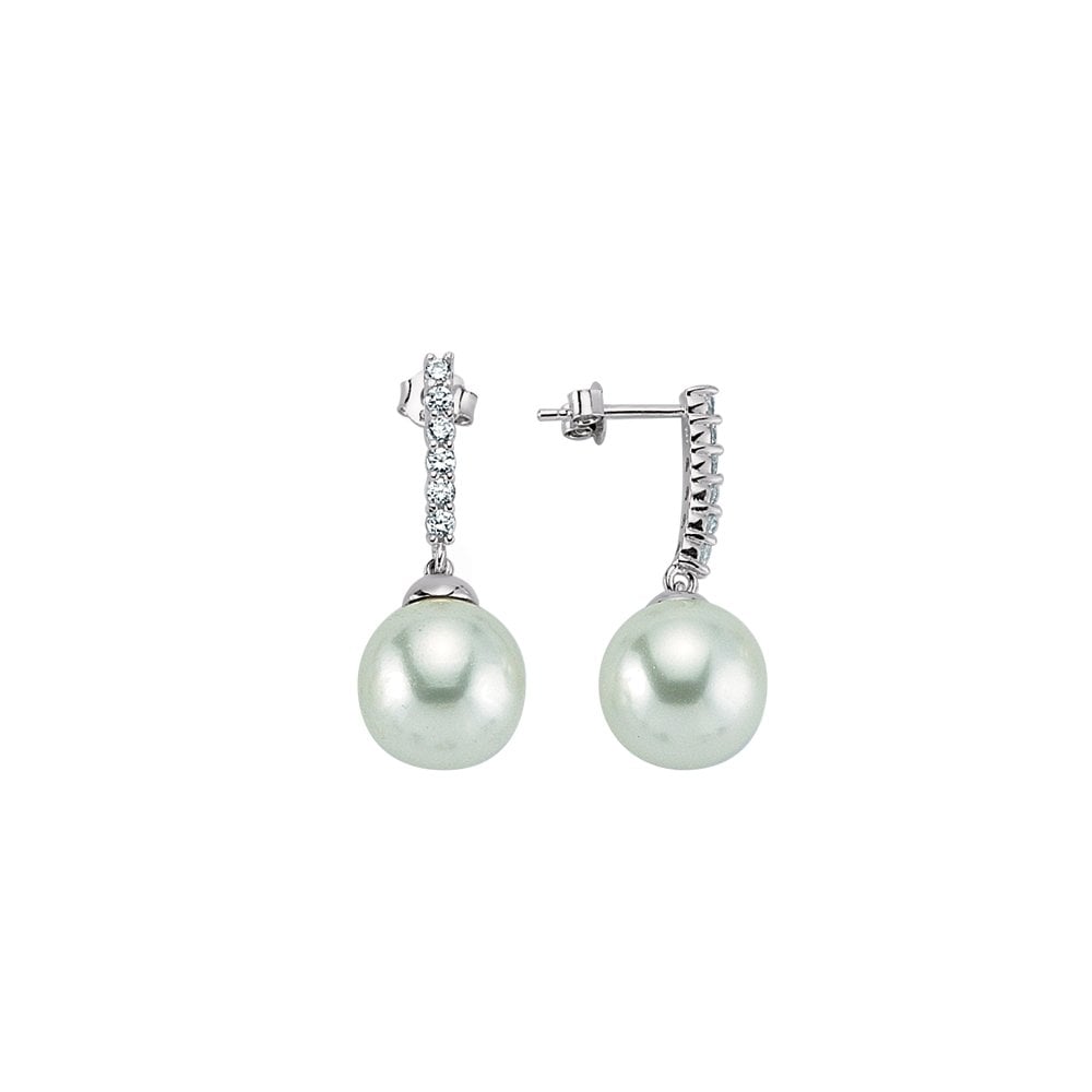 925 Sterling Silver CZ Pearl Drop On Micro Pave Bar Stud