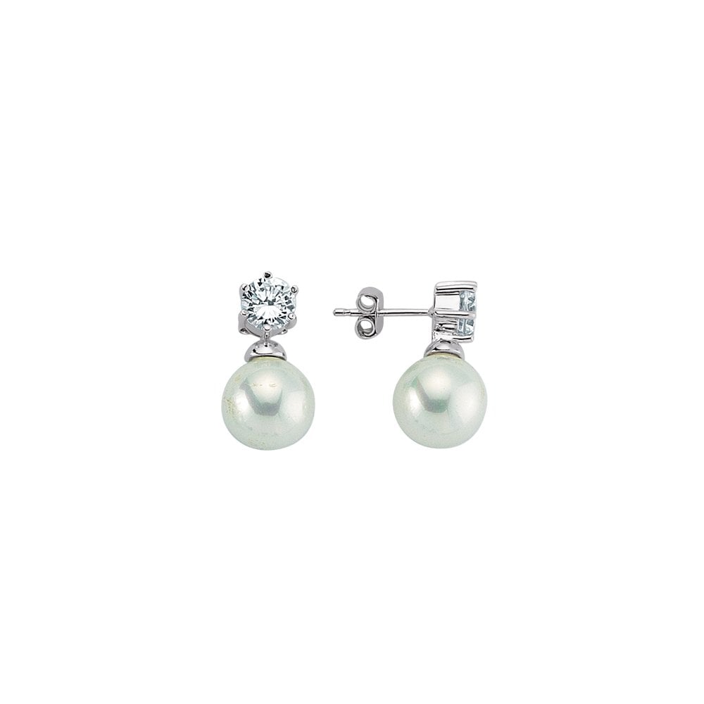 925 Sterling Silver Pearl Stud Earring with Hexagon Prong Round Cubic Zirconia Stone
