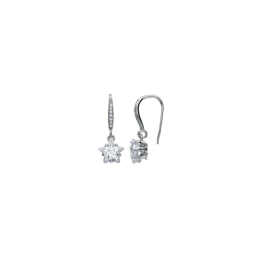 925 Sterling Silver CZ Star 8MM Rhodium Drop Earring