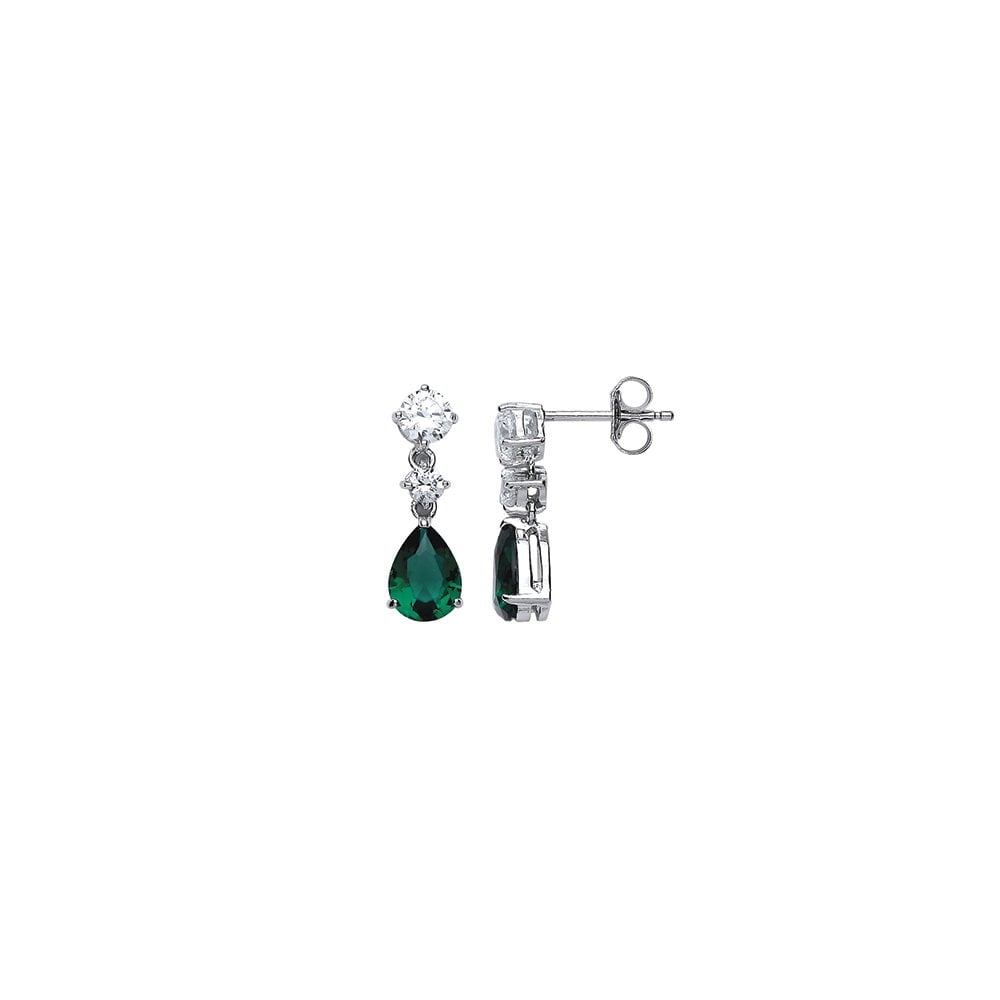 925 Sterling Silver CZ & Emerald Fancy Drop Earrings