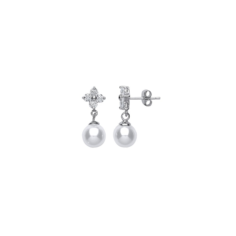 925 Sterling Silver CZ & Pearl Flower Drop Earrings