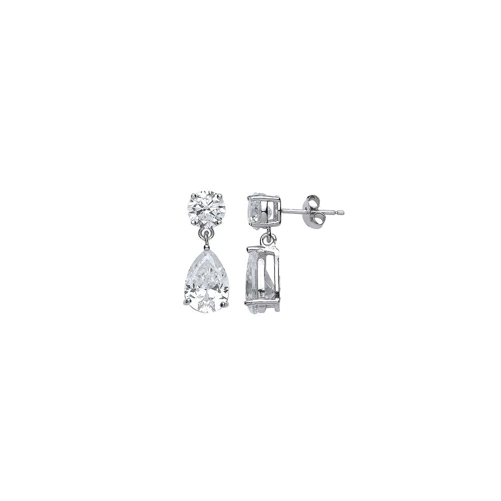 925 Sterling Silver CZ Round & Pear Shape Fancy Drop Earrings