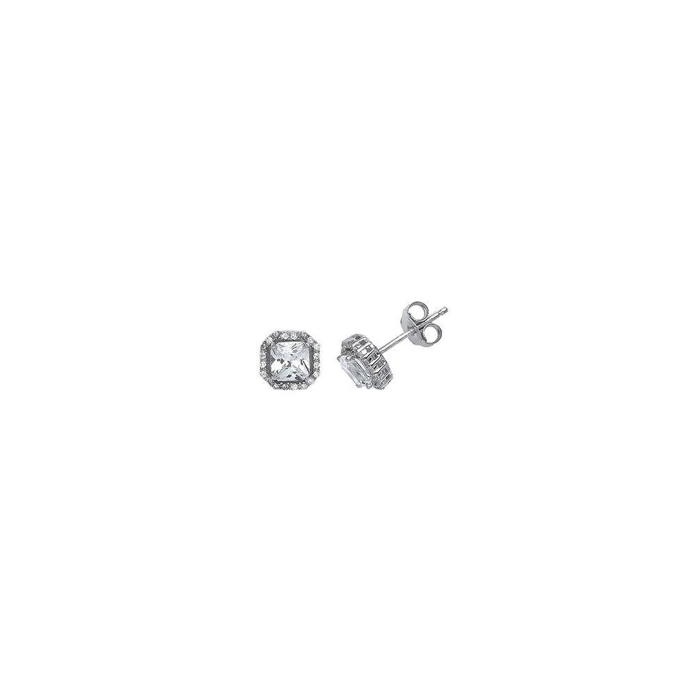 925 Sterling Silver CZ Princess Cut Earrings In A Claw Set Setting