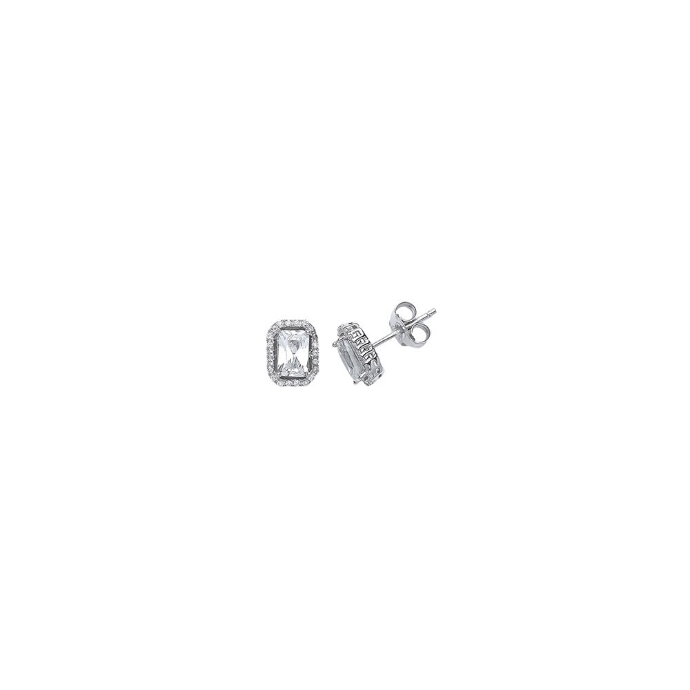 925 Sterling Silver CZ Emerald Cut Earrings In A Claw Set Setting