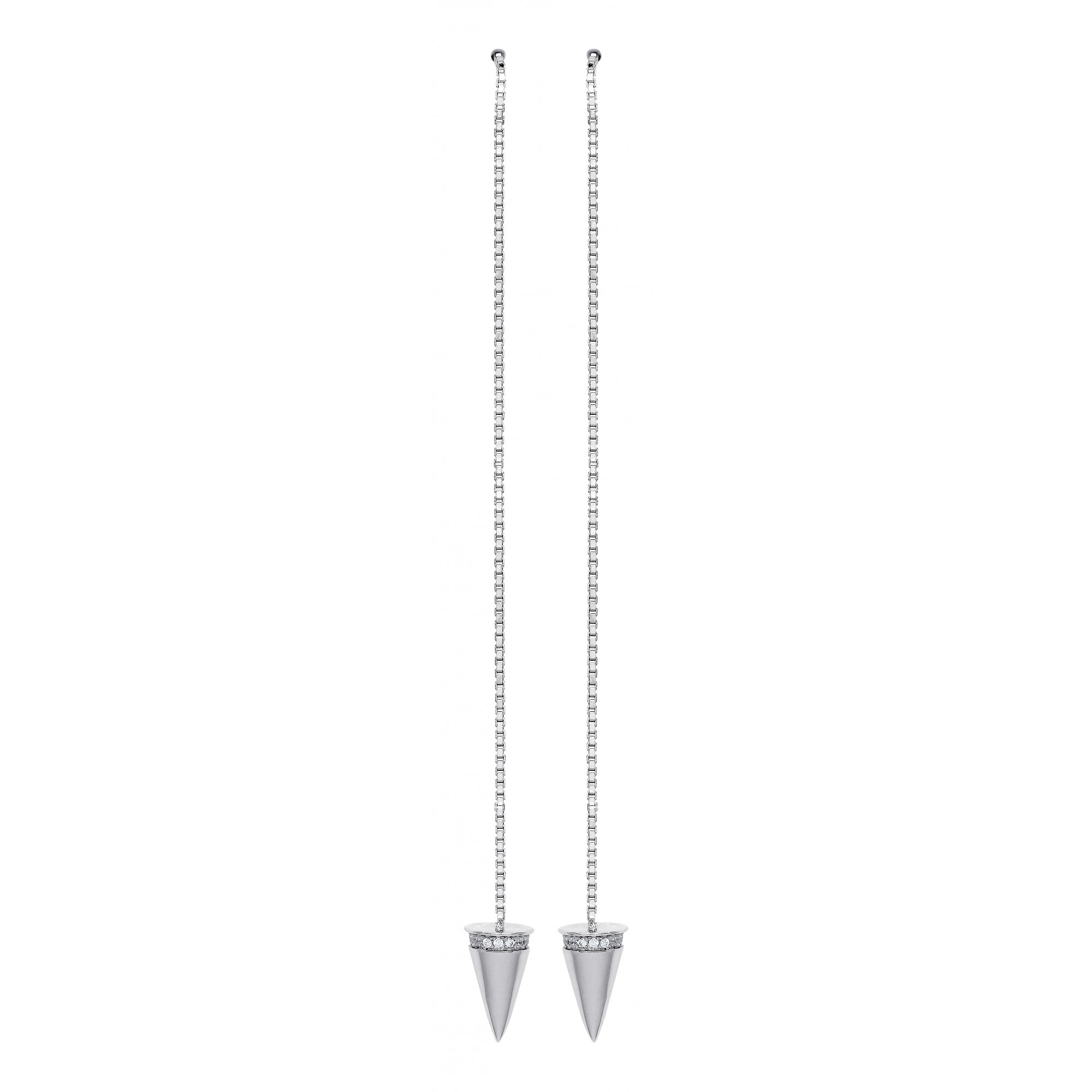 925 Sterling Silver CZ Spike Drop Chain Thread Earrings