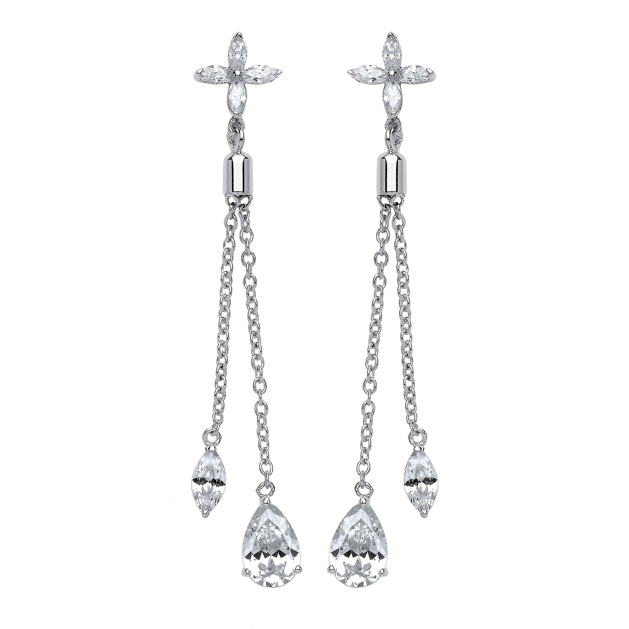 Silver CZ Fancy Chain Drop Earrings