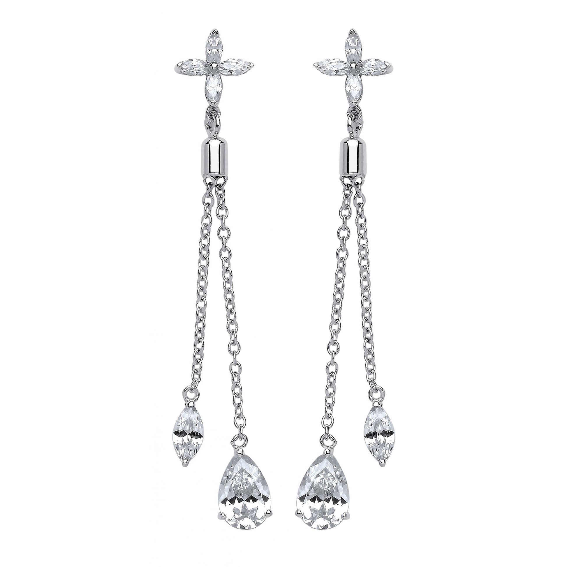 Silver CZ Fancy Chain Drop Earrings