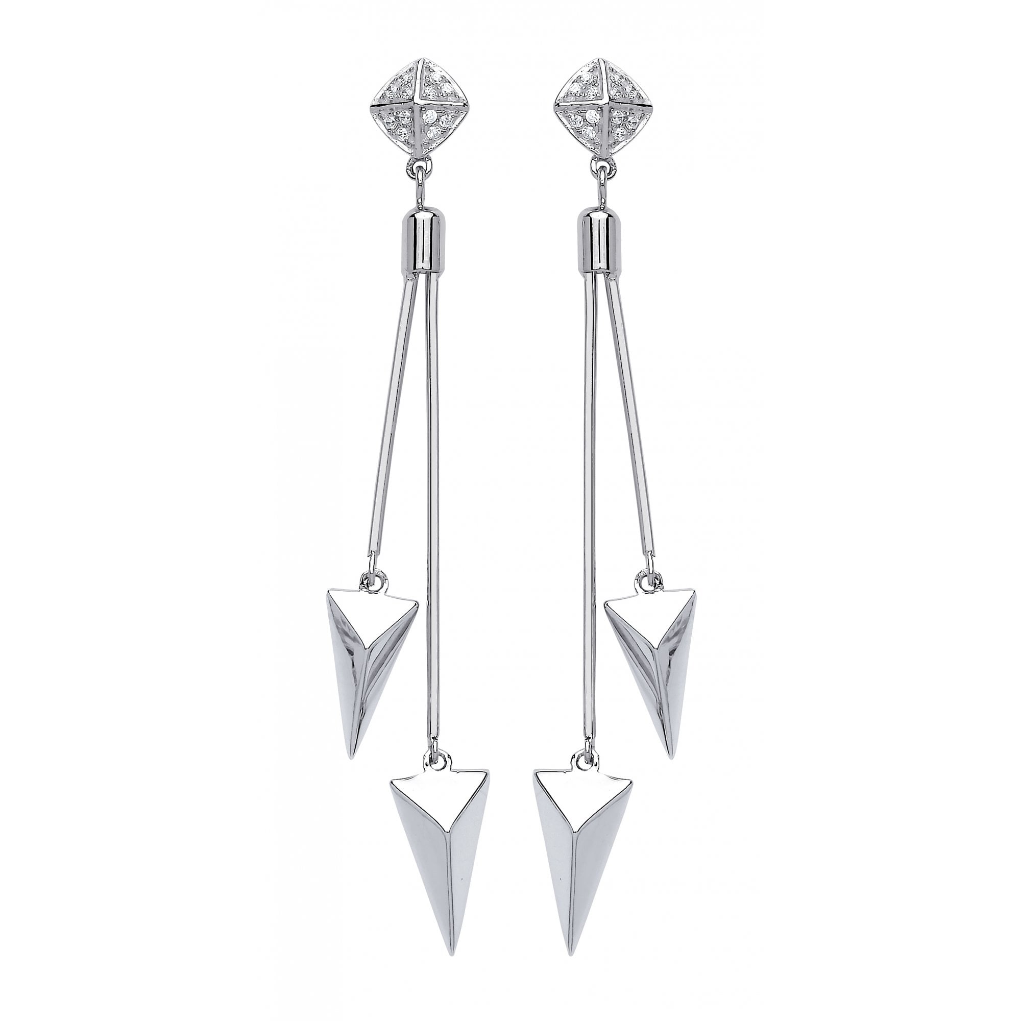 925 Sterling Silver CZ Fancy Double Spike Drop Earrings
