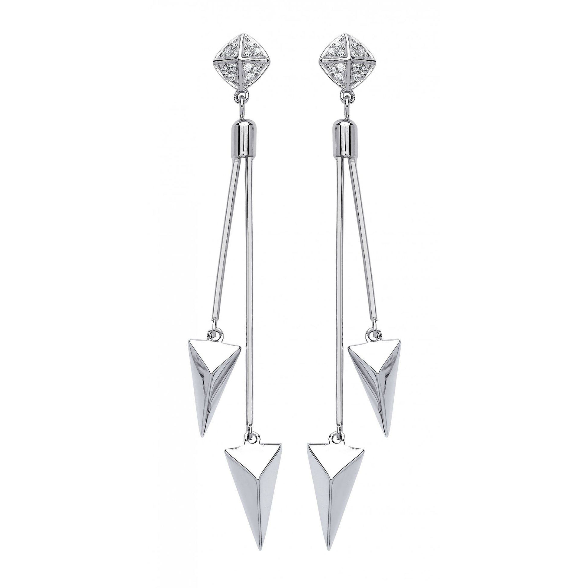 925 Sterling Silver CZ Fancy Double Spike Drop Earrings