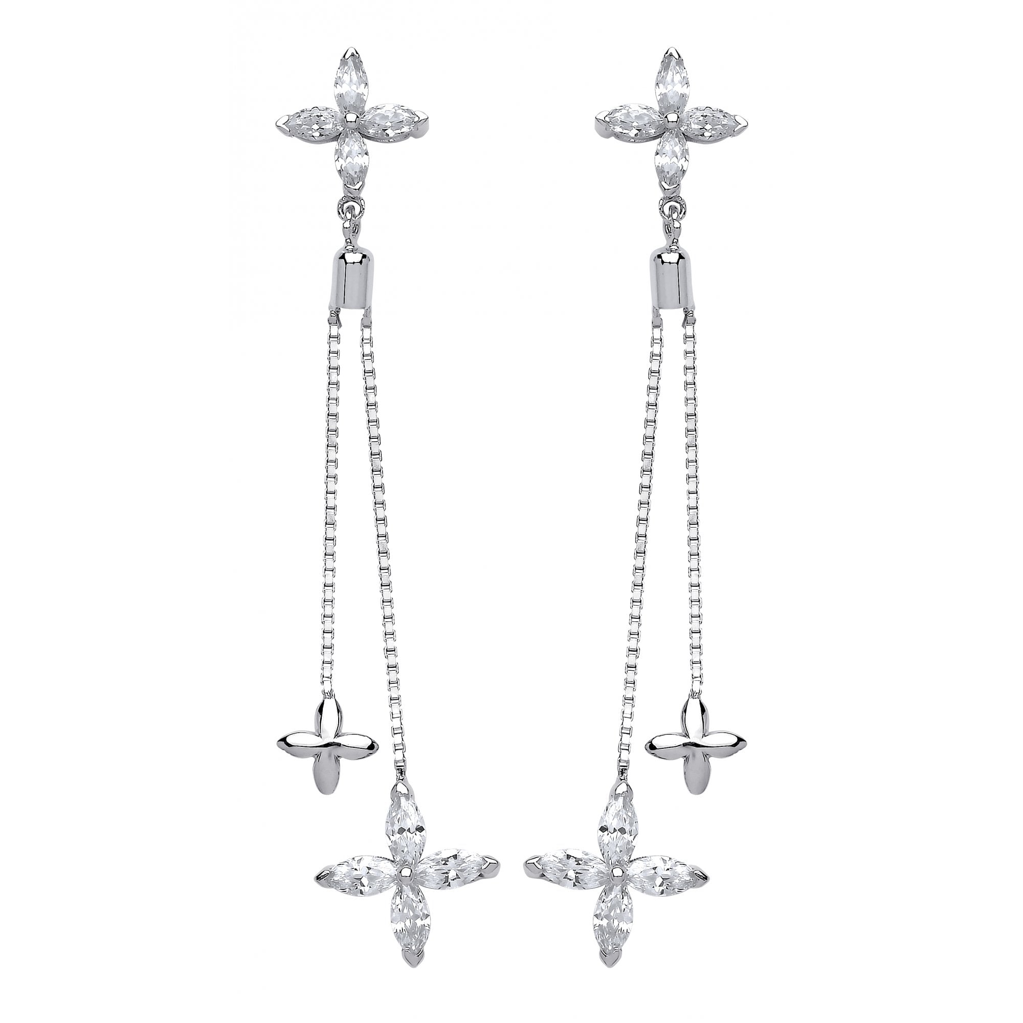 925 Sterling Silver CZ Flower Chain Drop Earrings