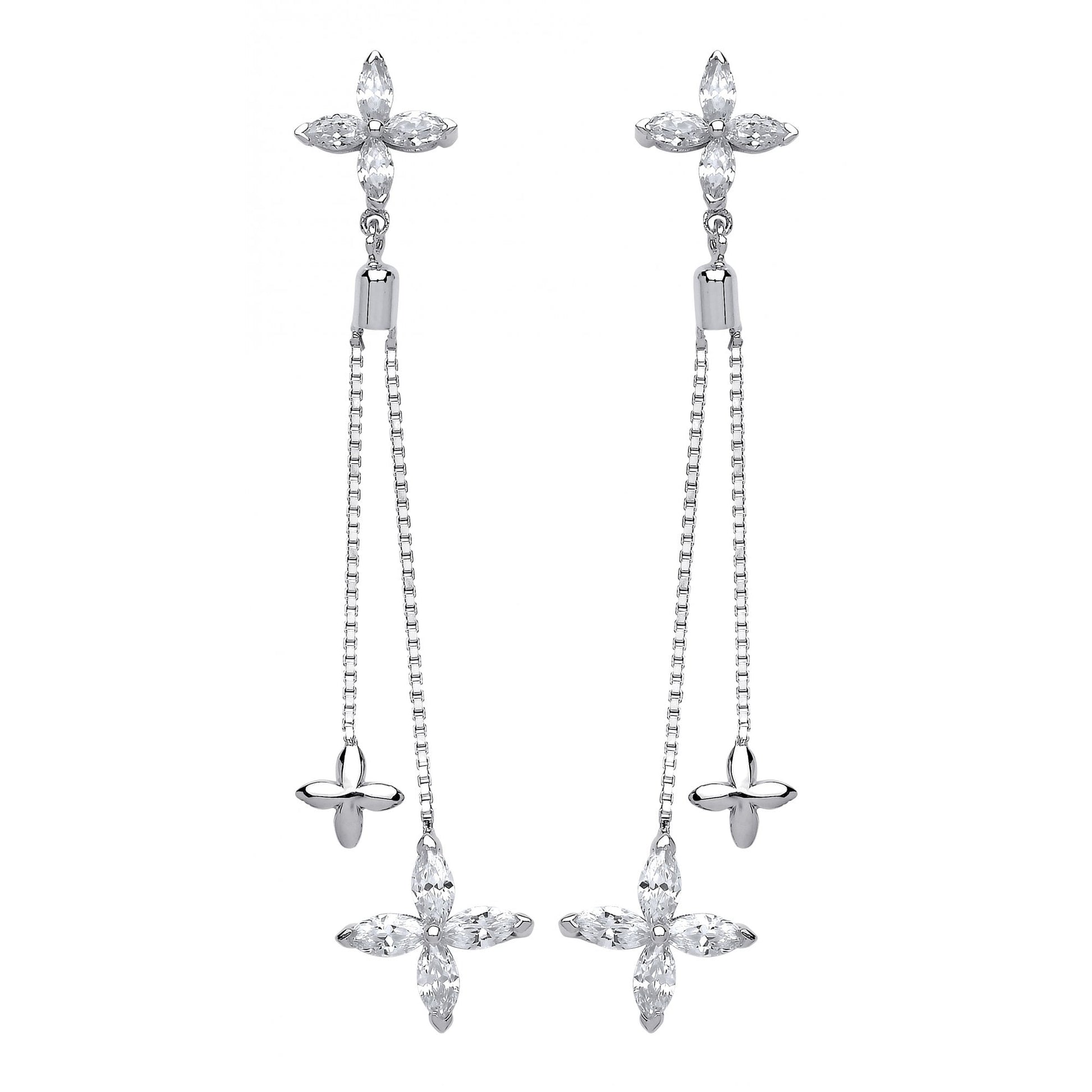 925 Sterling Silver CZ Flower Chain Drop Earrings