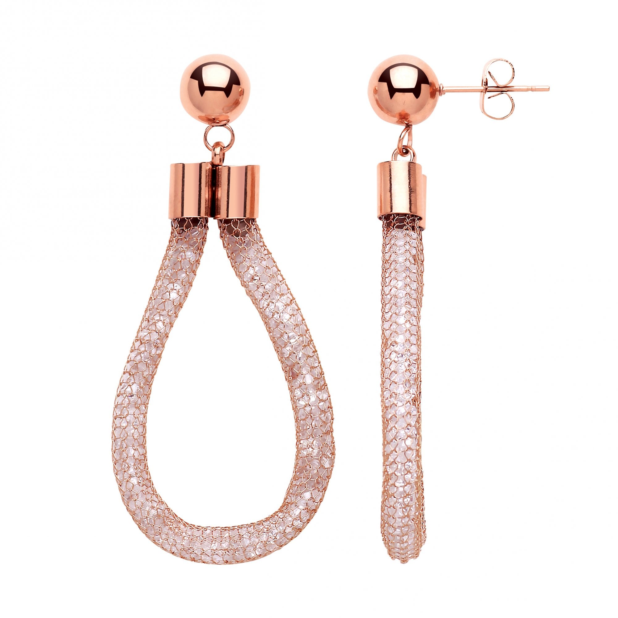 Stainless Steel Rose Gold Plated Mesh & Crystal DropEarrings